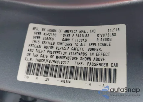 2017 Honda Accord Ex-L V6 from USA, damaged, VIN 1HGCR3F87HA016317